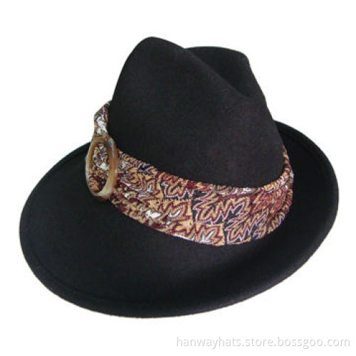 Black wool Felt Fedora Hat with GG Band and Frayed Bow TrimNew